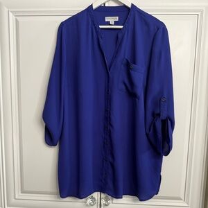 Queenspark Plus Sz 16 Royal Blue Henley Style Collar Button Up Roll Tab Sleeves